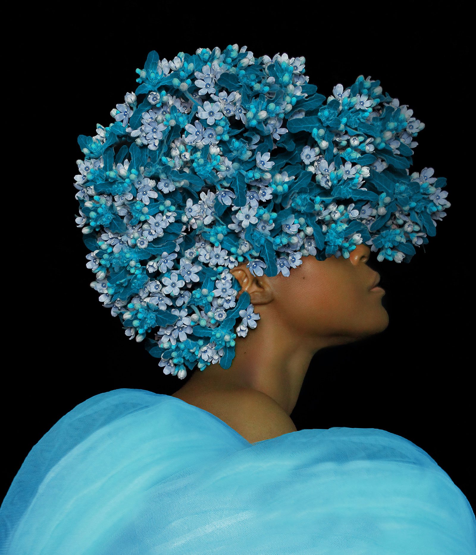woman with plain black background and afro blue flower