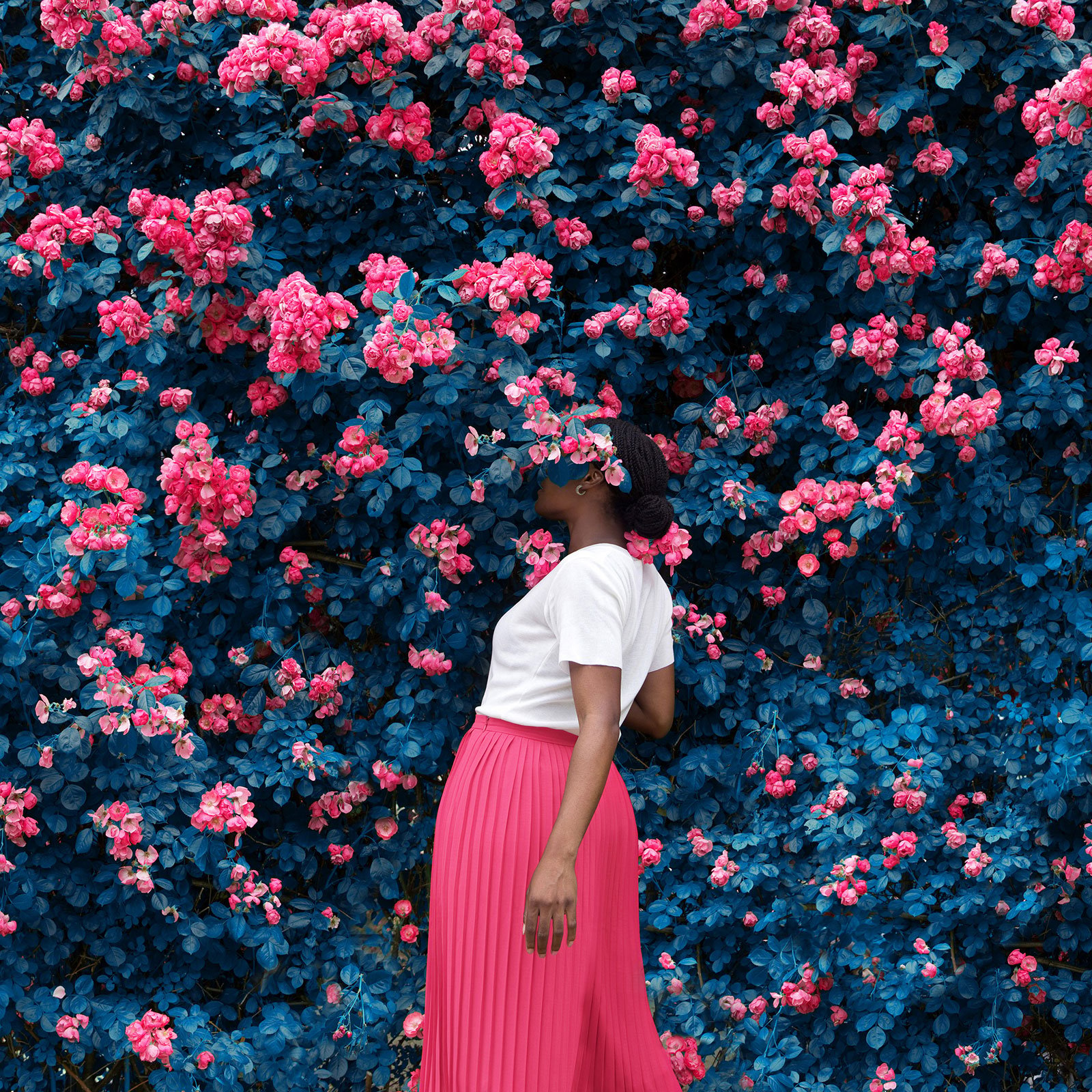 Woman with pink flowers and teal bush  