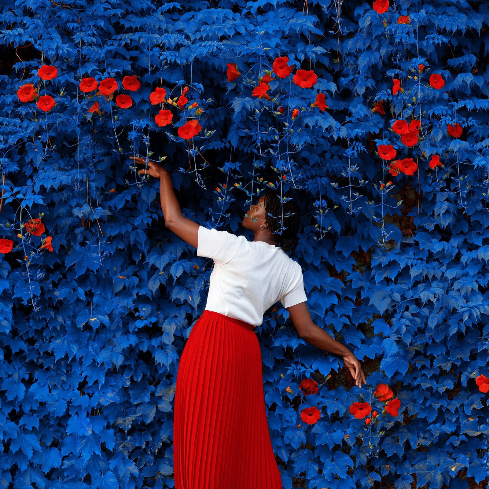 Femme avec lierre bleu et fleur rouge