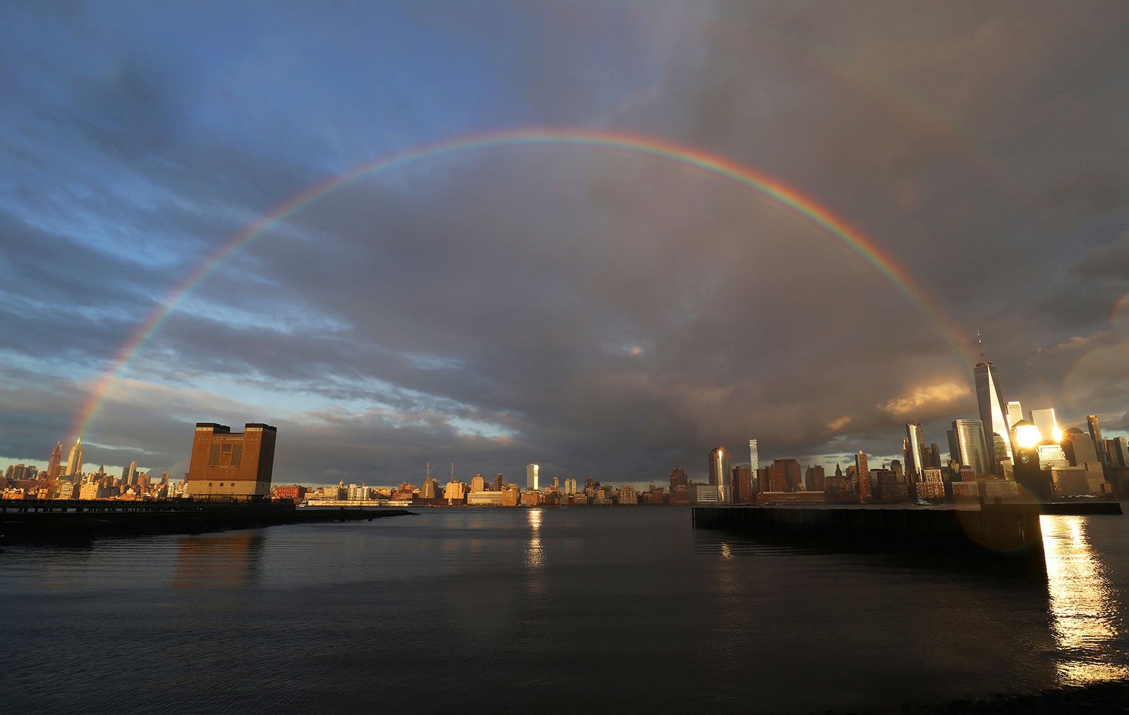 NYC skyline with rainbow