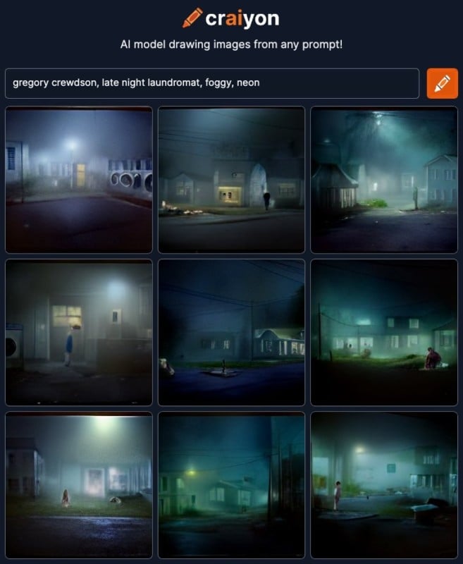 A collection of nine images depicting various dimly lit, foggy scenes featuring a laundromat and residential streets at night, with neon signs and a moody, cinematic quality.