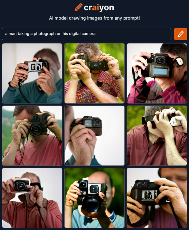 Collage of nine images showcasing different men taking photographs with various cameras, covering their faces with the camera in each shot.