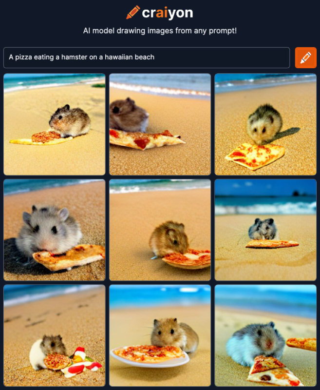 Nine images of a hamster eating a slice of pizza on a sandy beach. each image shows the hamster in different poses and angles, with realistic and vivid colors.