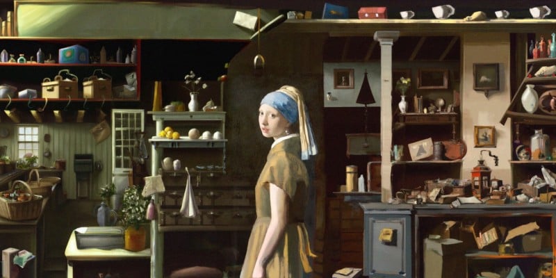 A creative reimagining of Vermeer's girl with a pearl earring where the character is placed in a modern, cluttered room full of contemporary objects, blending classical and modern elements.