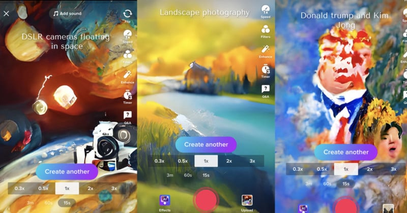 A collage of three smartphone screens displaying an app for creating digital art. left shows DSLR cameras in space, middle depicts a serene landscape, and right has abstract portraits of donald trump and kim jong-un.