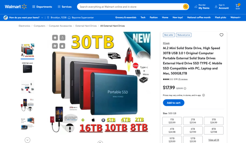 Beware this phony '30TB' portable SSD sold by Walmart