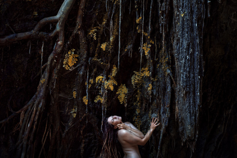 unbekleidete Frauen am Fuß eines großen dunkelbraunen Baums mit großen Wurzeln 