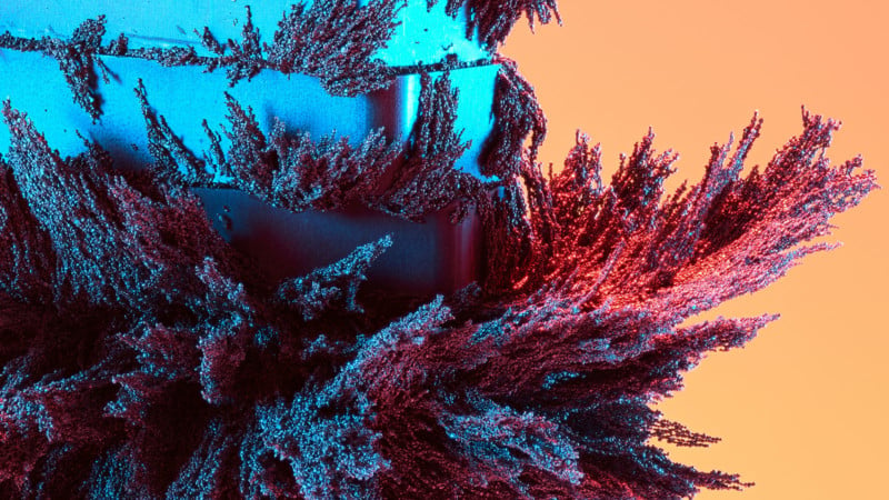 Magnete und metallische Körner schaffen eine korallenriffähnliche Struktur mit elektrischen blauen und roten Highlights und einem orangefarbenen Hintergrund