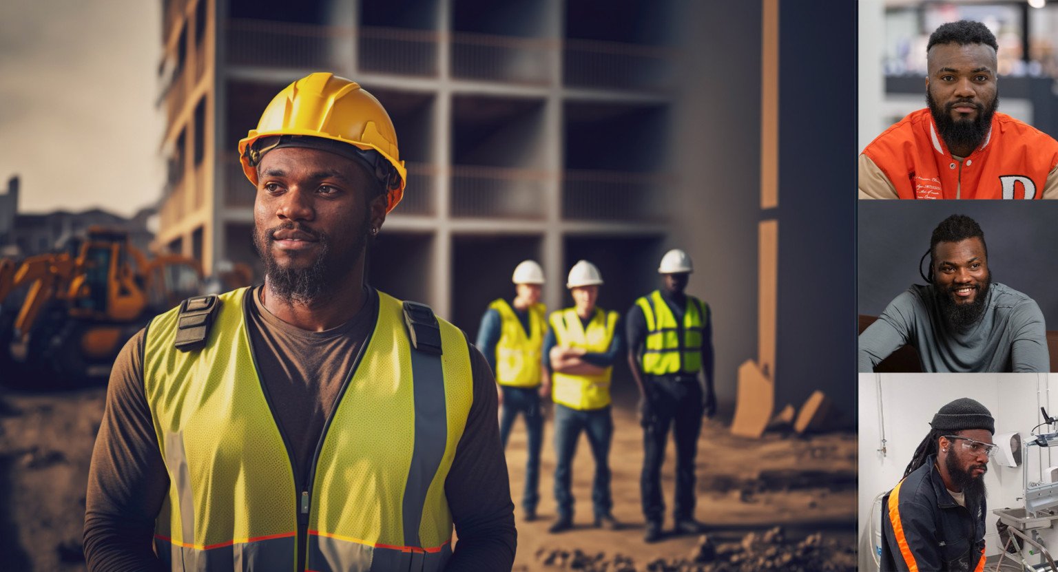 O mesmo homem negro 4 diferentes situações: usando uniforme e capacete em uma construção, usando roupa casual em um escritório, com um fundo neutro e no que parece ser um laboratório.
