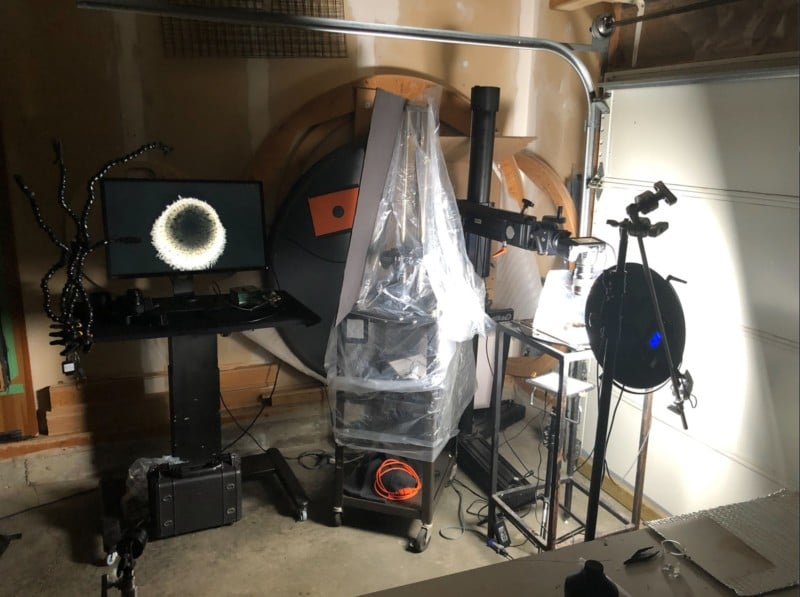 Scott Portingale's laboratory set up with dust protecting curtains and lighting 