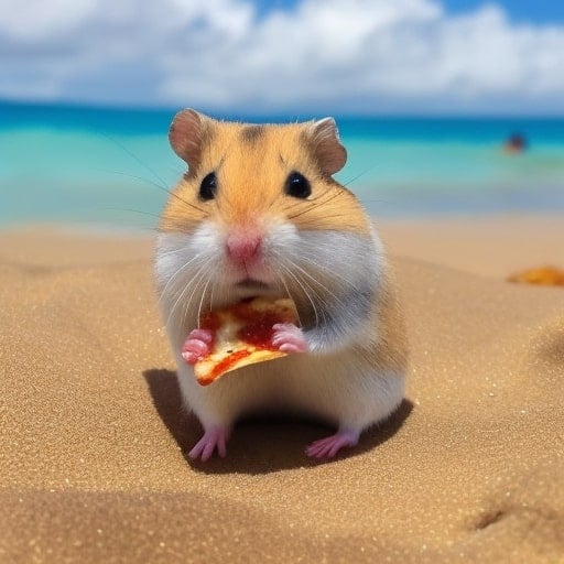 Image of “A pizza eating hamster on a Hawaiian beach” generated by Stable Diffusion