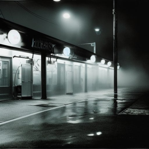 Image of “Gregory Crewdson, late night laundromat, foggy, neon” generated by Stable Diffusion