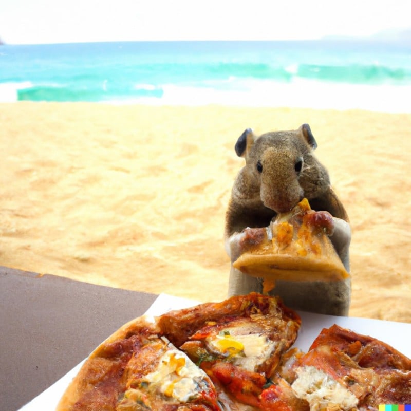 Image of “A pizza eating hamster on a Hawaiian beach” generated by DALL-E