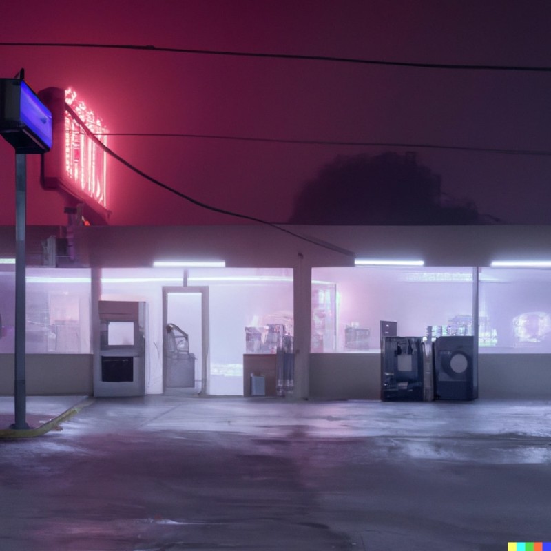 Image of “Gregory Crewdson, late night laundromat, foggy, neon” generated by DALL-E 2