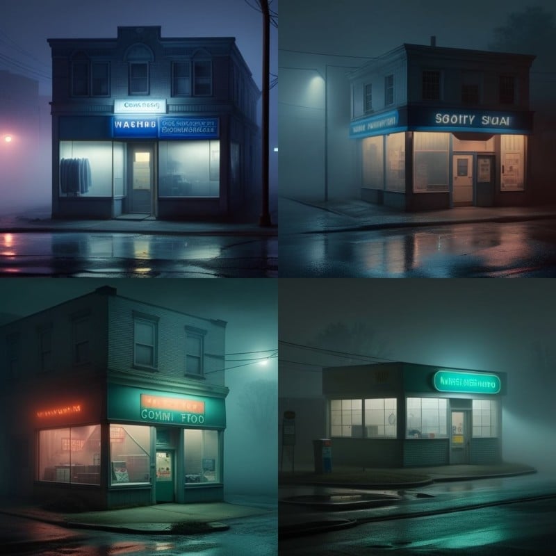 Image of “Gregory Crewdson, late night laundromat, foggy, neon” generated by Midjourney