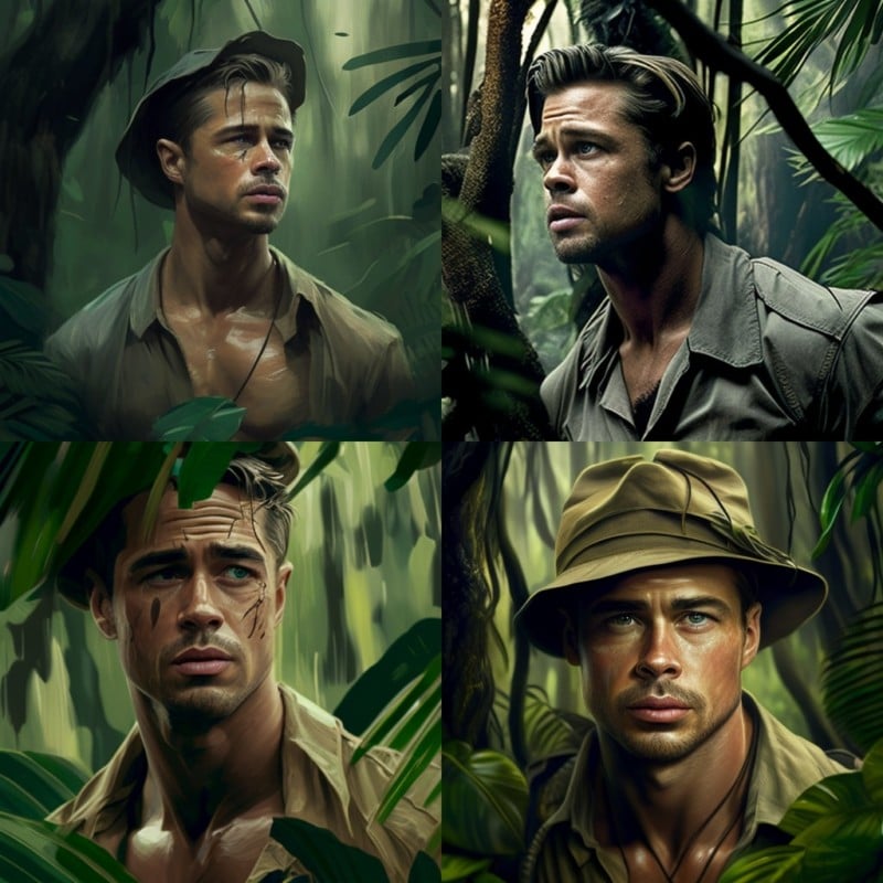 Image of “Brad Pitt in a jungle” generated by Midjourney