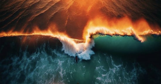 AI image of two surfers at sunrise