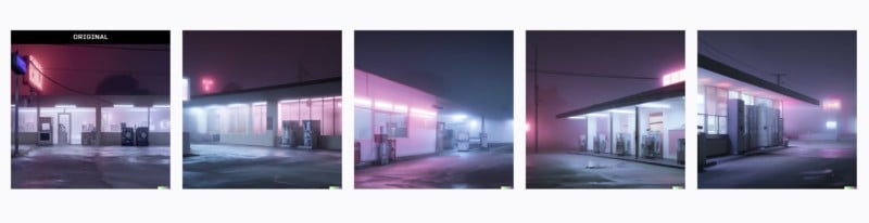 Variations of “Gregory Crewdson, late night laundromat, foggy, neon” generated by DALL-E 2