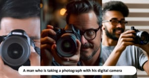 A collage of three men of different ethnicities each holding a digital camera and taking photos. the central man wears glasses and all display focused expressions.