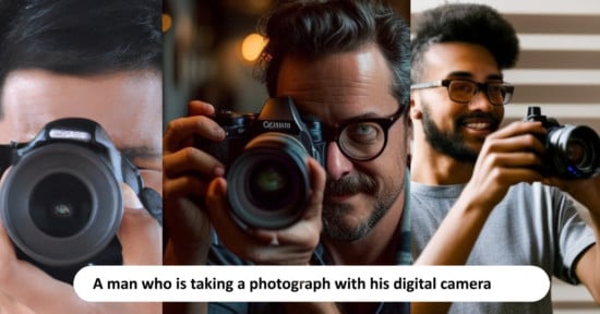 A collage of three men of different ethnicities each holding a digital camera and taking photos. the central man wears glasses and all display focused expressions.