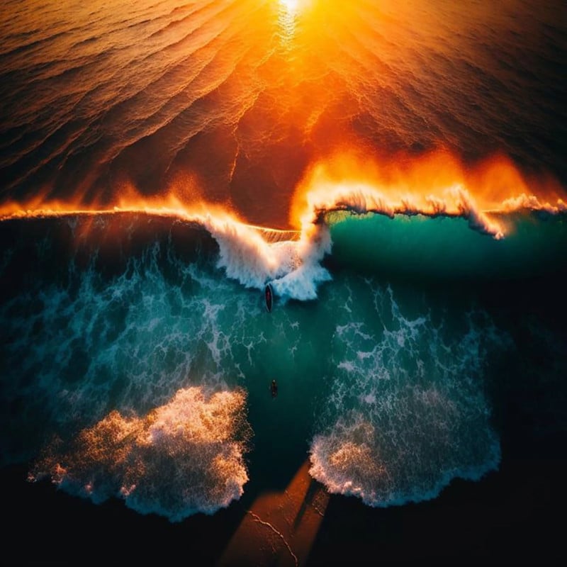 AI image of two surfers at sunrise 