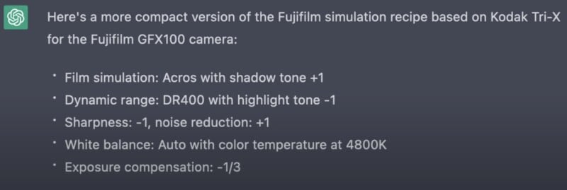 ChatGPT Film Simulation recipe