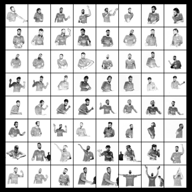 64 squares black and white images of DJ doing a set and motioning the crowd