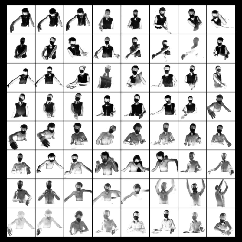 64 squares black and white images of DJ doing a set, expressive movements