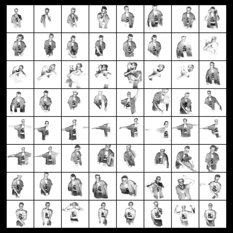 64 squares black and white images of DJ doing a set large hand gestures 