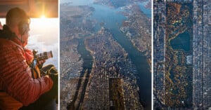 A photographer shooting pictures of Manhattan from a helicopter three miles above