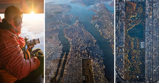A photographer shooting pictures of Manhattan from a helicopter three miles above