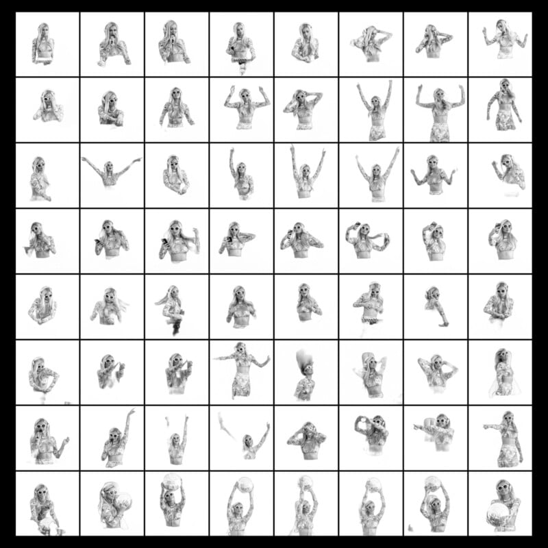 64 squares black and white images of DJ doing a set Paris Hilton 