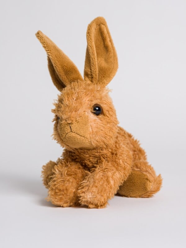 brown rabbit stuffed animal sitting against plain white background 