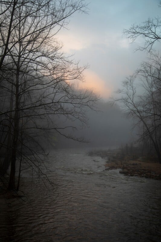 Foggy forest and river in early morning 