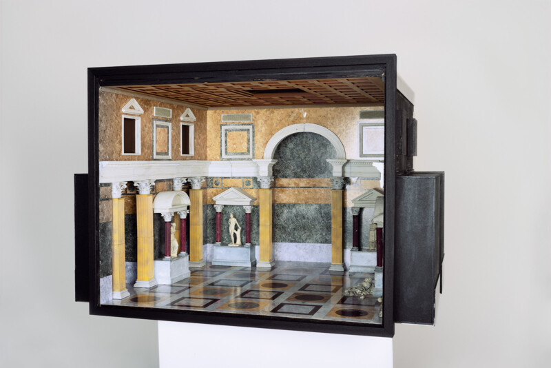 Diorama of a classical room with intricate designed and patterned floor