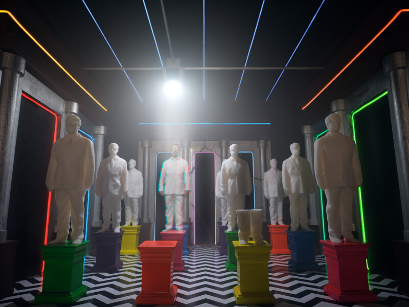 White mannequins on multi colored boxes in 