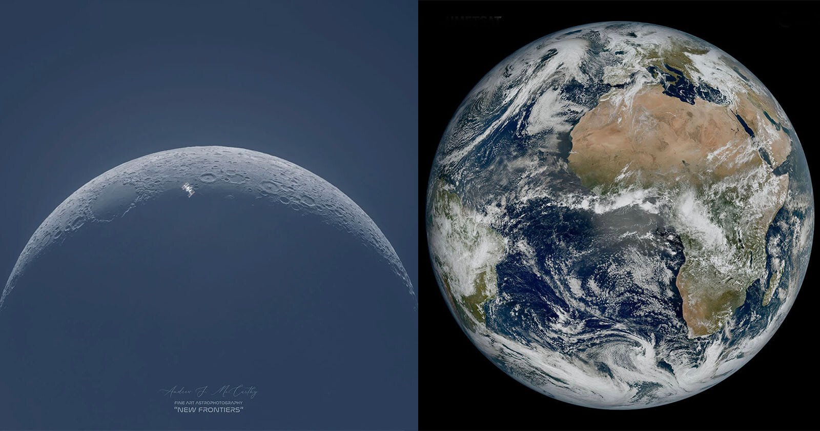 The ISS transiting across the Moon, left, satellite photo of the entire Earth, right.
