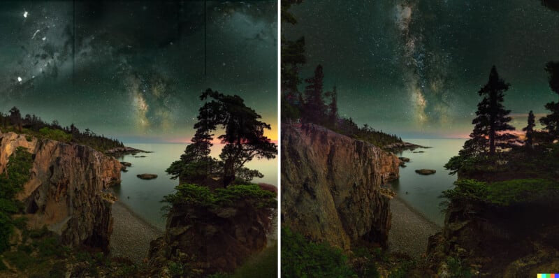 Side by side comparison of two photos extended by AI