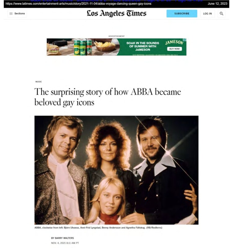 An alleged screenshot on The Los Angeles Times website that shows Alec Byrne's 1974  photograph of Abba.