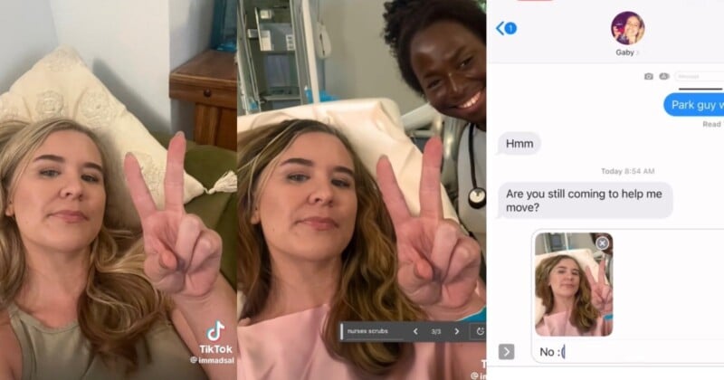 une femme crée un selfie d'hôpital avec l'outil de remplissage génératif Photoshop AI 
