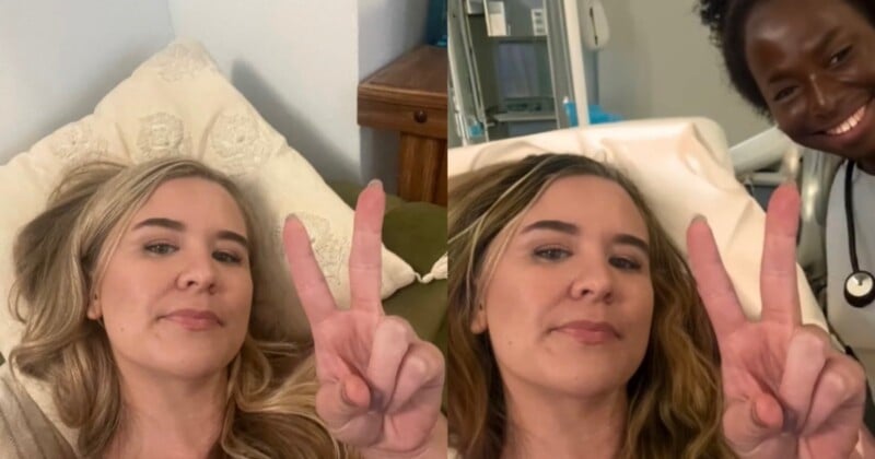 woman creates hospital selfie with Photoshop AI generative fill tool 