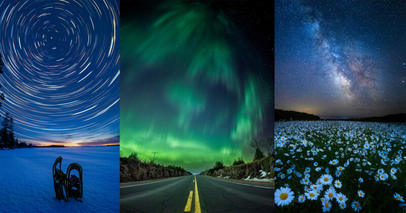 The Moon And Aurora Shine In The Night Sky Over A Snow