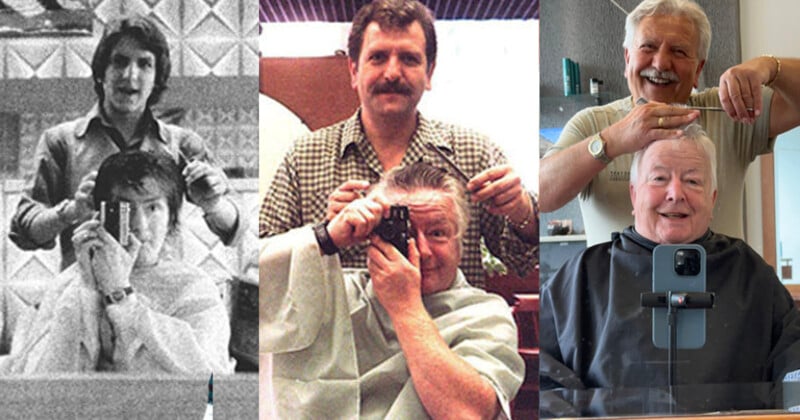 Photographer Sam Farr getting his haircut with the same barber over 50 years.