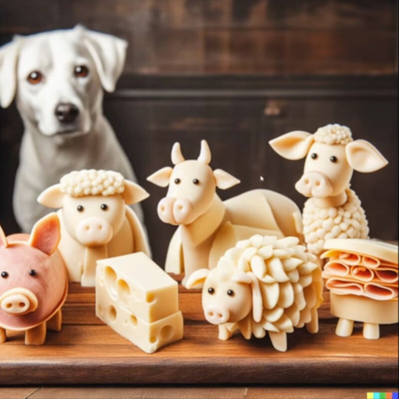 Animals made from cheese and ham while ah hungry dog looks on.