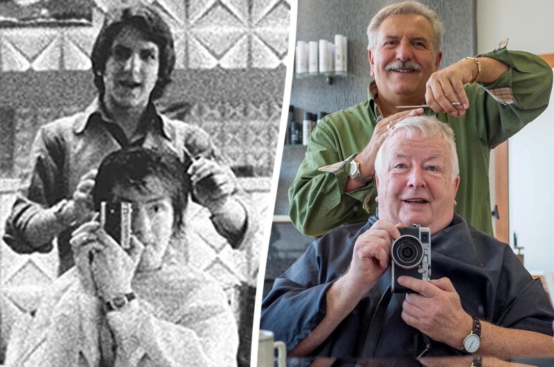 Photographer Sam Farr getting his haircut with the same barber over 50 years.