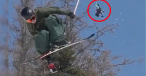 Skier smacks drone midair