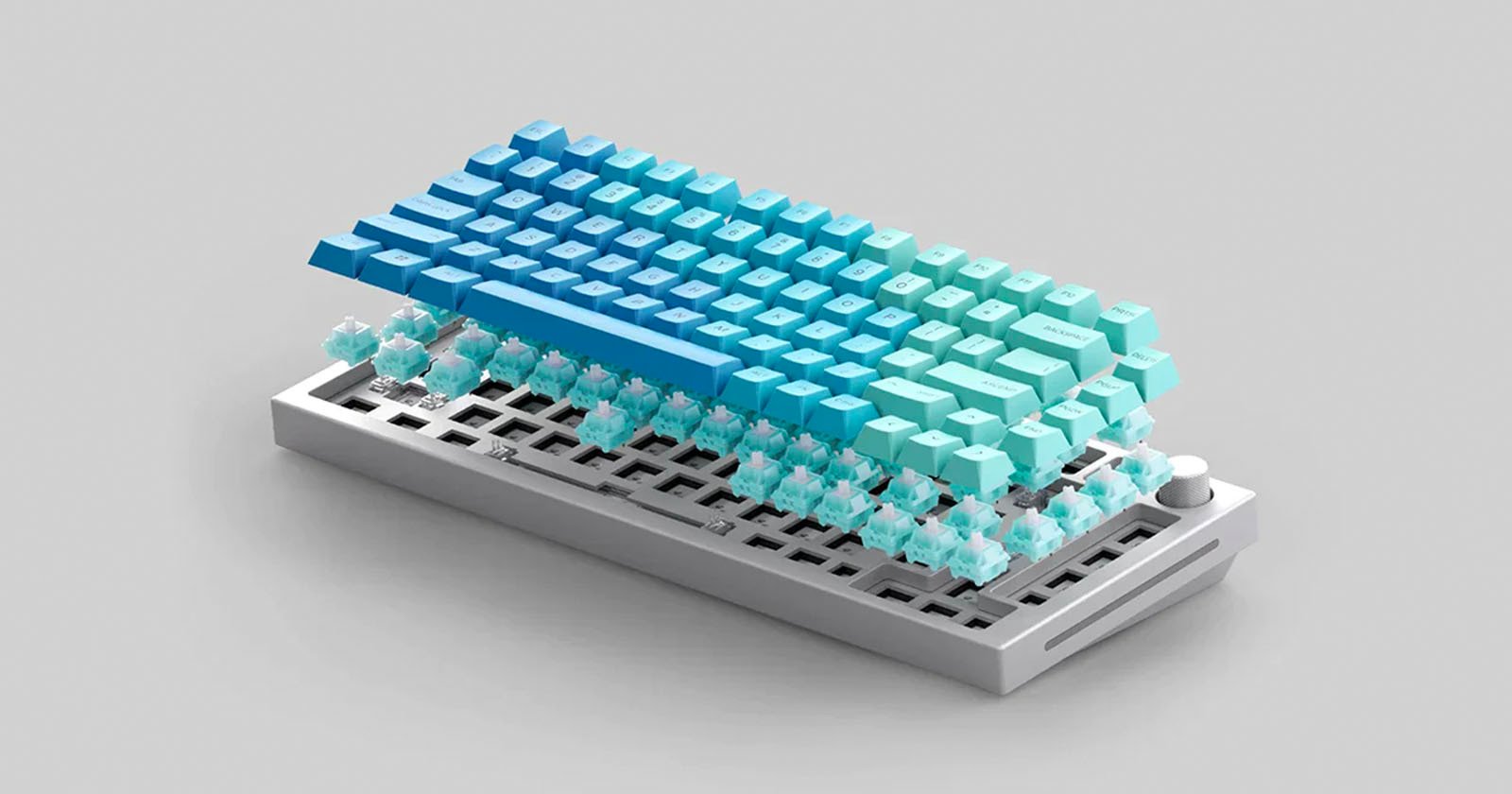A photo of the GMMK Pro mechanical keyboard depicts multiple parts hovering above the other.