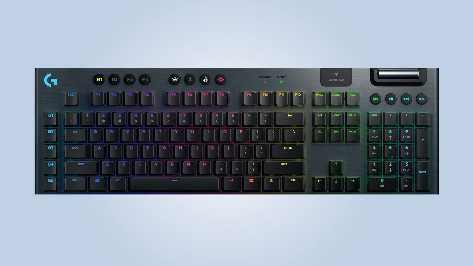 The top of a Logitech G915 gaming keyboard is on view.