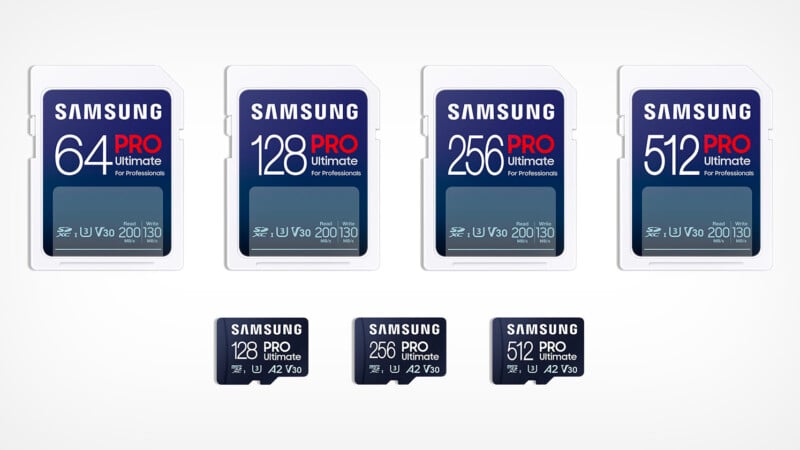 Four SD and three microSD cards from Samsung's new Pro Ultimate Line are seen.