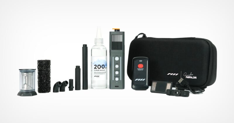 The SmokeNinja, a portable handheld fog machine, and its array of accessories is shown in a line.